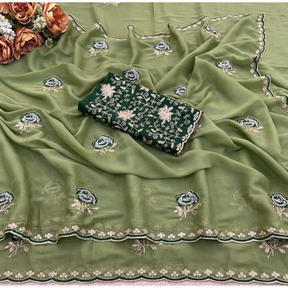 Generic Women's Star Georgette Embroidered Saree With Unstitched Blouse 5.5Mtr (Green)