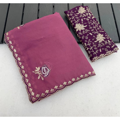 Generic Women's Star Georgette Embroidered Saree With Unstitched Blouse 5.5Mtr (Pink)