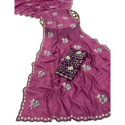 Generic Women's Star Georgette Embroidered Saree With Unstitched Blouse 5.5Mtr (Pink)