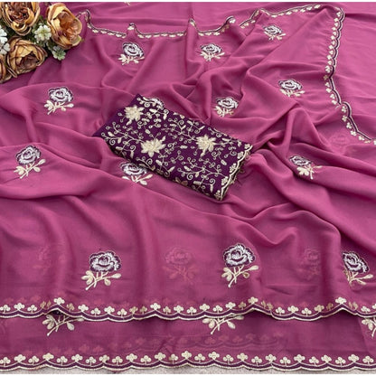 Generic Women's Star Georgette Embroidered Saree With Unstitched Blouse 5.5Mtr (Pink)