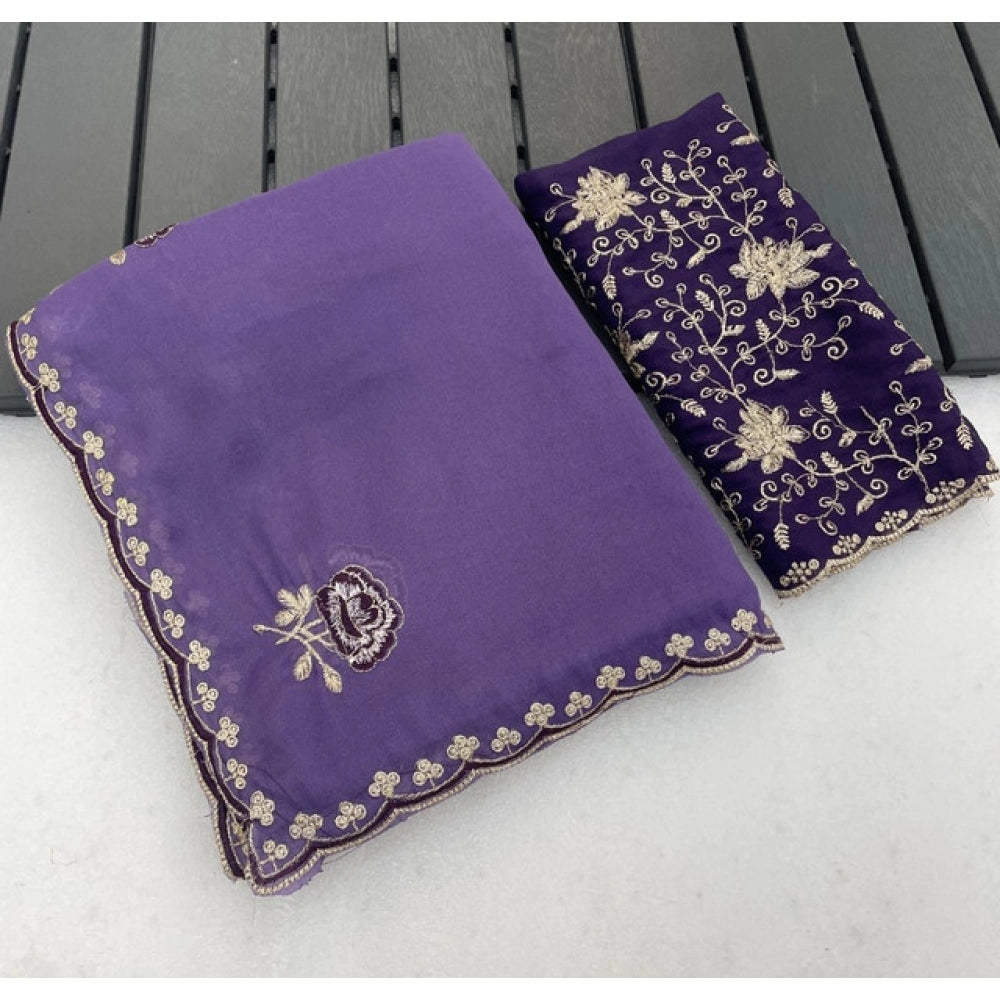 Generic Women's Star Georgette Embroidered Saree With Unstitched Blouse 5.5Mtr (Purple)