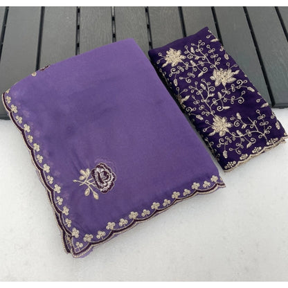 Generic Women's Star Georgette Embroidered Saree With Unstitched Blouse 5.5Mtr (Purple)