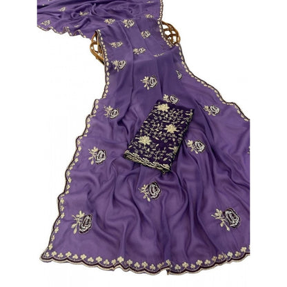 Generic Women's Star Georgette Embroidered Saree With Unstitched Blouse 5.5Mtr (Purple)