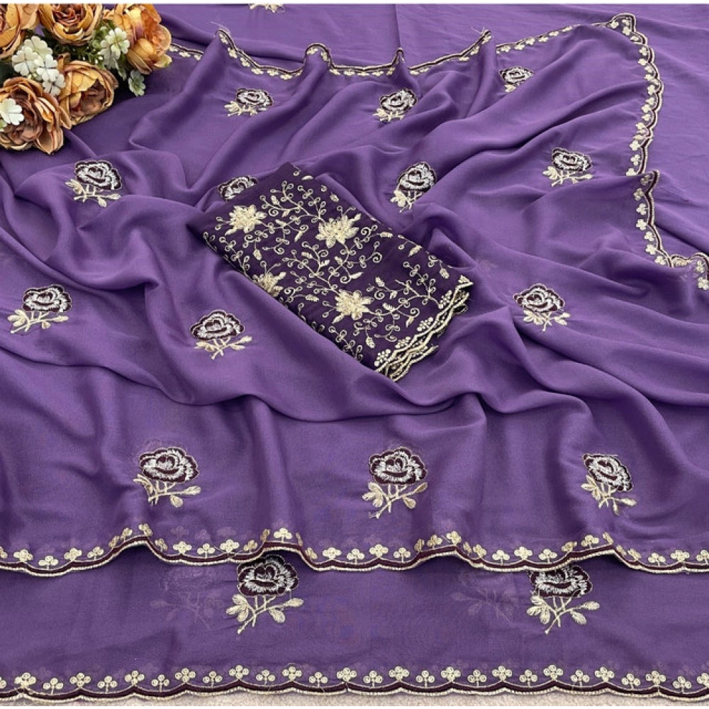 Generic Women's Star Georgette Embroidered Saree With Unstitched Blouse 5.5Mtr (Purple)