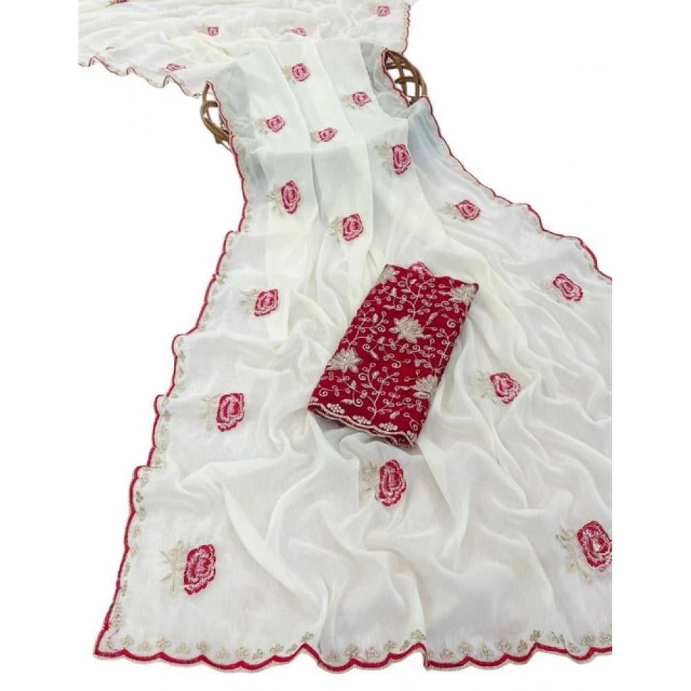 Generic Women's Star Georgette Embroidered Saree With Unstitched Blouse 5.5Mtr (White)