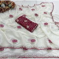 Generic Women's Star Georgette Embroidered Saree With Unstitched Blouse 5.5Mtr (White)