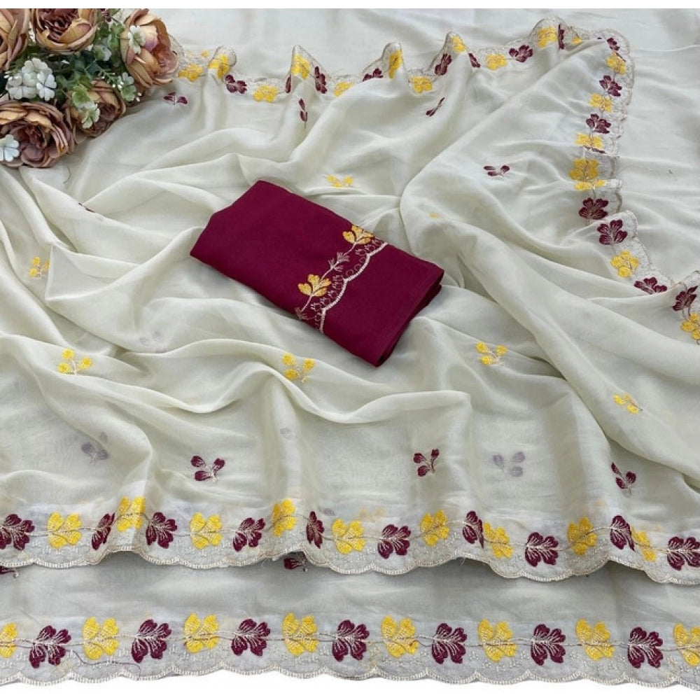 Generic Women's Star Georgette Embroidered Saree With Unstitched Blouse 5.5Mtr (Beige-Red)