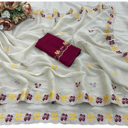 Generic Women's Star Georgette Embroidered Saree With Unstitched Blouse 5.5Mtr (Beige-Red)