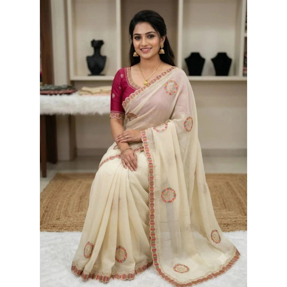 Generic Women's Star Georgette Embroidered Saree With Unstitched Blouse 5.5Mtr (Cream)