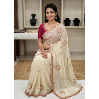 Generic Women's Star Georgette Embroidered Saree With Unstitched Blouse 5.5Mtr (Cream)