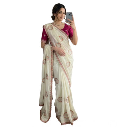 Generic Women's Star Georgette Embroidered Saree With Unstitched Blouse 5.5Mtr (Cream)