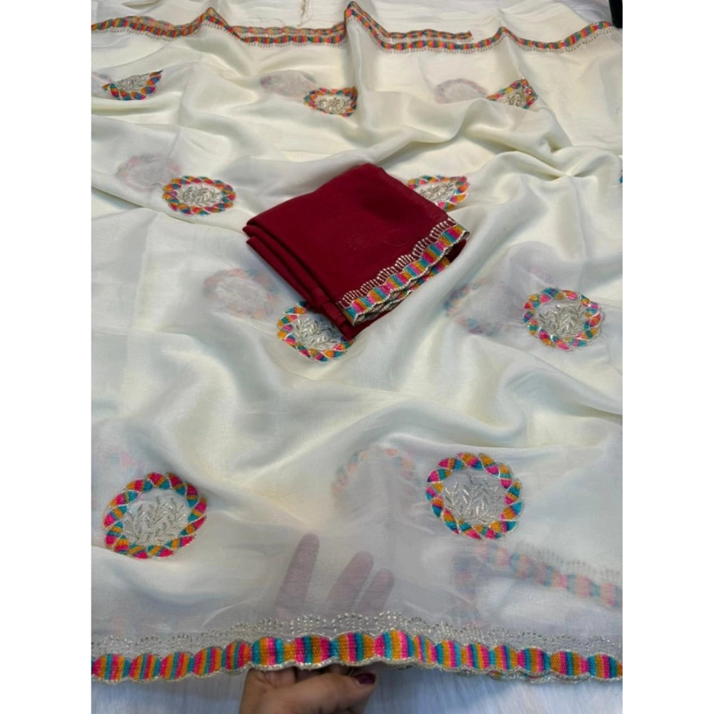 Generic Women's Star Georgette Embroidered Saree With Unstitched Blouse 5.5Mtr (Cream)