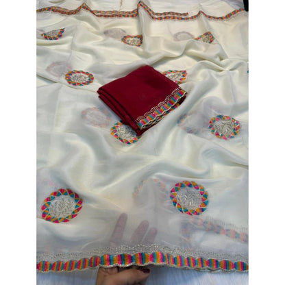 Generic Women's Star Georgette Embroidered Saree With Unstitched Blouse 5.5Mtr (Cream)