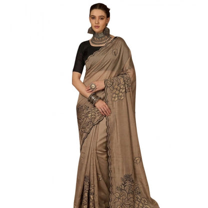 Generic Women's Viscose Silk Embroidered Saree With Unstitched Blouse 5.5Mtr (Brown)