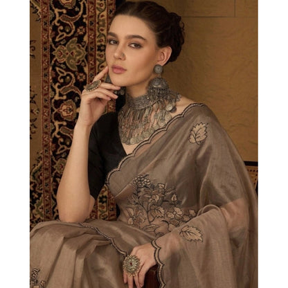 Generic Women's Viscose Silk Embroidered Saree With Unstitched Blouse 5.5Mtr (Brown)