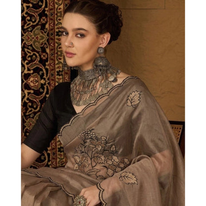 Generic Women's Viscose Silk Embroidered Saree With Unstitched Blouse 5.5Mtr (Brown)