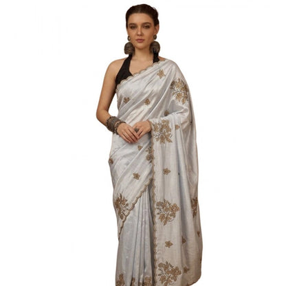 Generic Women's Viscose Silk Embroidered Saree With Unstitched Blouse 5.5Mtr (Grey)