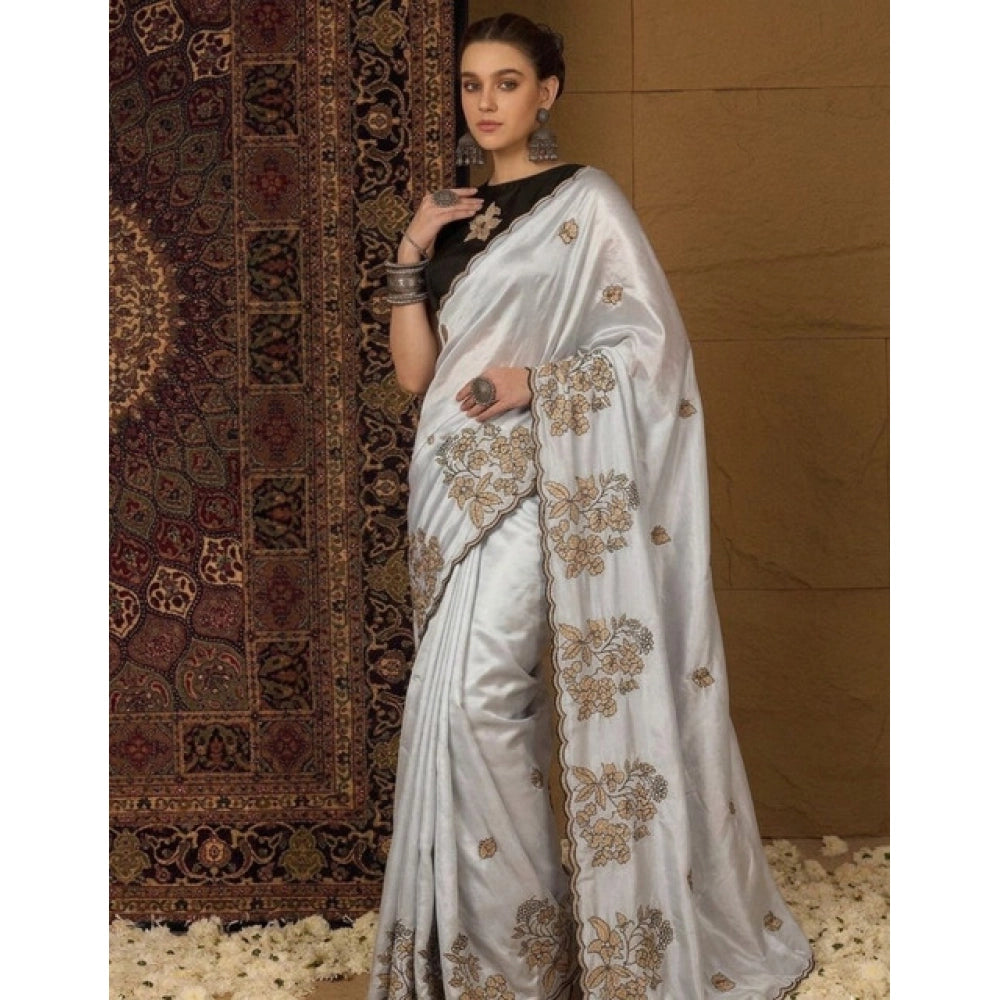 Generic Women's Viscose Silk Embroidered Saree With Unstitched Blouse 5.5Mtr (Grey)