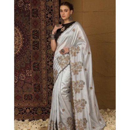 Generic Women's Viscose Silk Embroidered Saree With Unstitched Blouse 5.5Mtr (Grey)