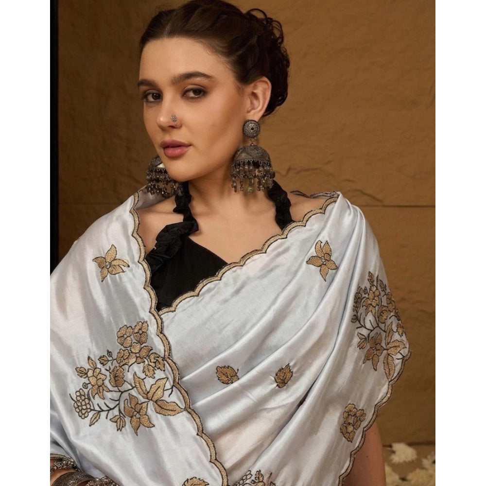 Generic Women's Viscose Silk Embroidered Saree With Unstitched Blouse 5.5Mtr (Grey)