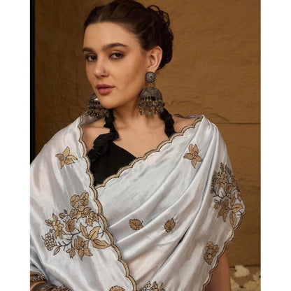 Generic Women's Viscose Silk Embroidered Saree With Unstitched Blouse 5.5Mtr (Grey)