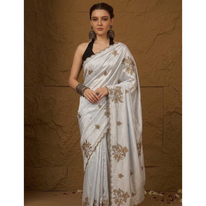 Generic Women's Viscose Silk Embroidered Saree With Unstitched Blouse 5.5Mtr (Grey)