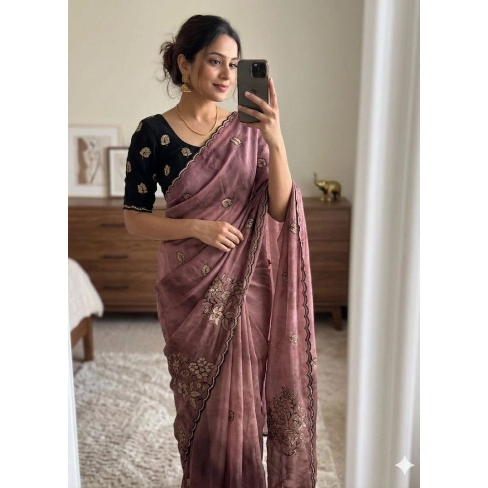 Generic Women's Viscose Silk Embroidered Saree With Unstitched Blouse 5.5Mtr (Pink)