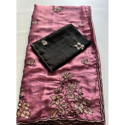 Generic Women's Viscose Silk Embroidered Saree With Unstitched Blouse 5.5Mtr (Pink)
