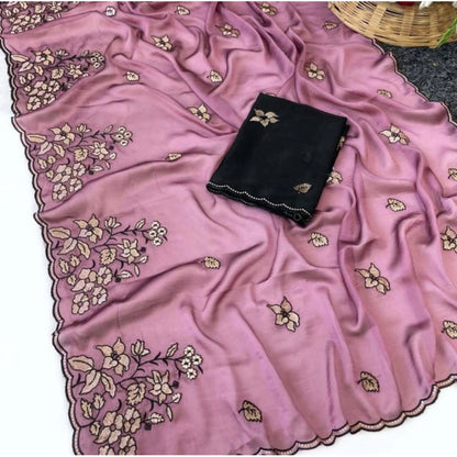 Generic Women's Viscose Silk Embroidered Saree With Unstitched Blouse 5.5Mtr (Pink)