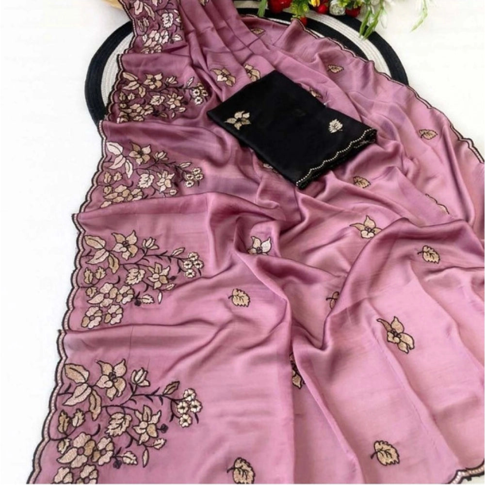 Generic Women's Viscose Silk Embroidered Saree With Unstitched Blouse 5.5Mtr (Pink)