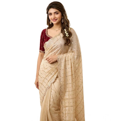 Generic Women's Star Georgette Embroidered Saree With Unstitched Blouse 5.5Mtr (Beige)