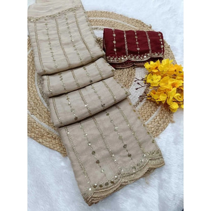 Generic Women's Star Georgette Embroidered Saree With Unstitched Blouse 5.5Mtr (Beige)