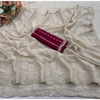Generic Women's Star Georgette Embroidered Saree With Unstitched Blouse 5.5Mtr (Beige)