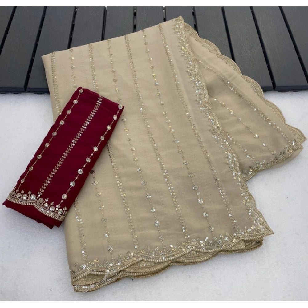 Generic Women's Star Georgette Embroidered Saree With Unstitched Blouse 5.5Mtr (Beige)