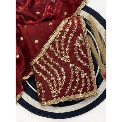 Generic Women's Satin Embellished Saree With Unstitched Blouse 5.5Mtr (Maroon)