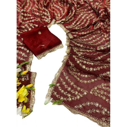 Generic Women's Satin Embellished Saree With Unstitched Blouse 5.5Mtr (Maroon)