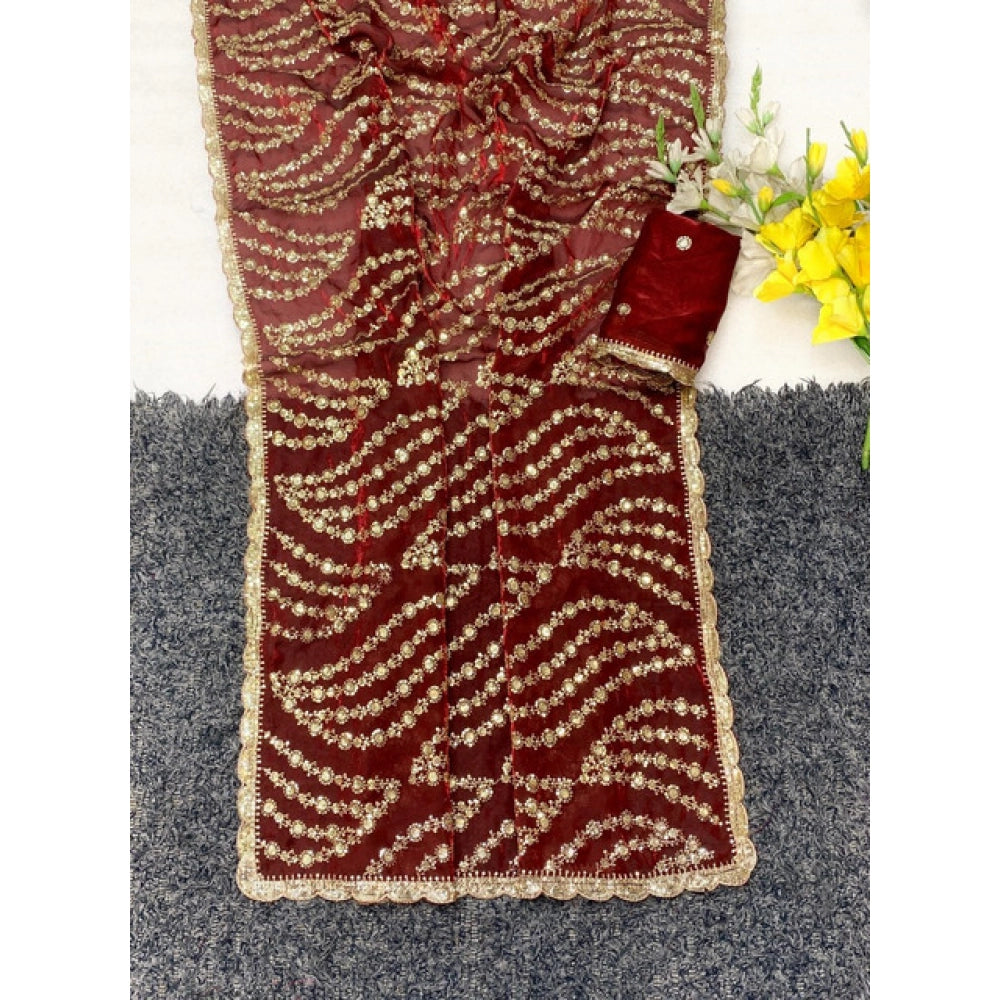 Generic Women's Satin Embellished Saree With Unstitched Blouse 5.5Mtr (Maroon)