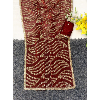 Generic Women's Satin Embellished Saree With Unstitched Blouse 5.5Mtr (Maroon)