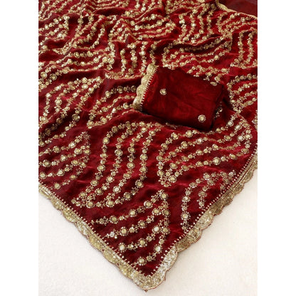 Generic Women's Satin Embellished Saree With Unstitched Blouse 5.5Mtr (Maroon)