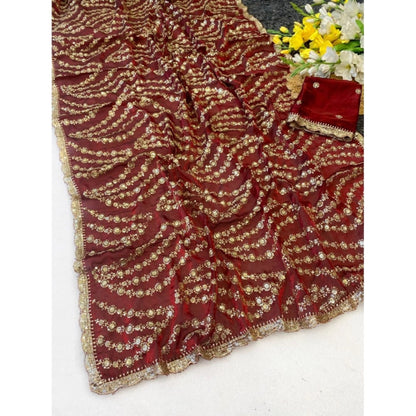 Generic Women's Satin Embellished Saree With Unstitched Blouse 5.5Mtr (Maroon)