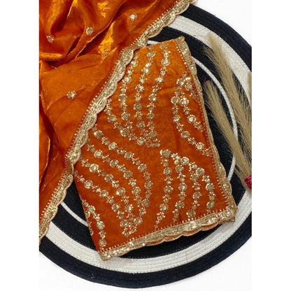 Generic Women's Satin Embellished Saree With Unstitched Blouse 5.5Mtr (Orange)