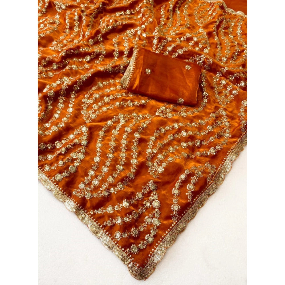 Generic Women's Satin Embellished Saree With Unstitched Blouse 5.5Mtr (Orange)