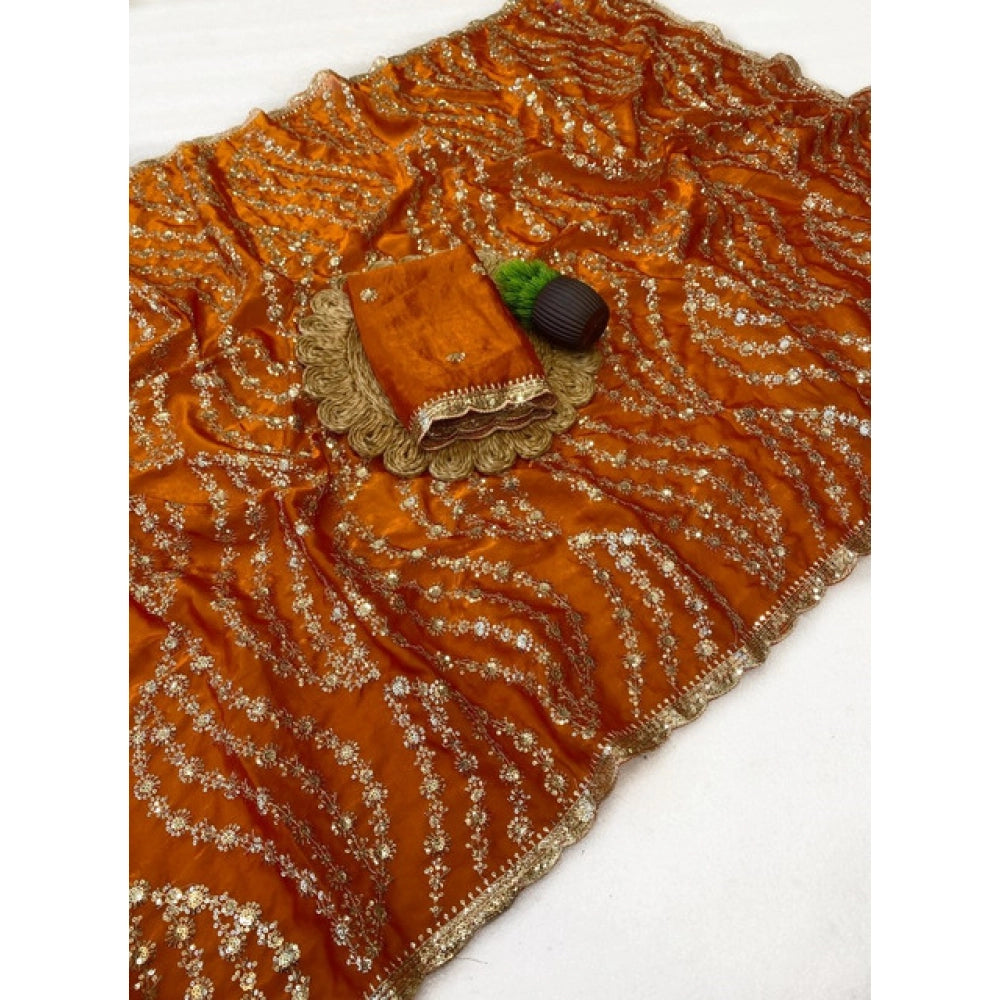 Generic Women's Satin Embellished Saree With Unstitched Blouse 5.5Mtr (Orange)