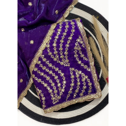 Generic Women's Satin Embellished Saree With Unstitched Blouse 5.5Mtr (Purple)