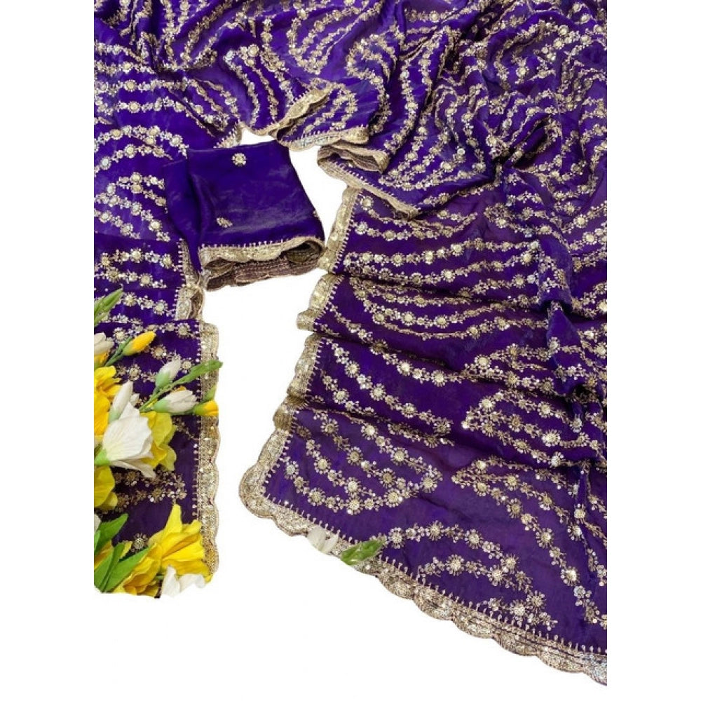 Generic Women's Satin Embellished Saree With Unstitched Blouse 5.5Mtr (Purple)