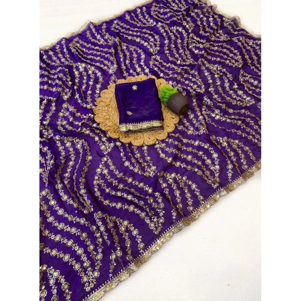 Generic Women's Satin Embellished Saree With Unstitched Blouse 5.5Mtr (Purple)