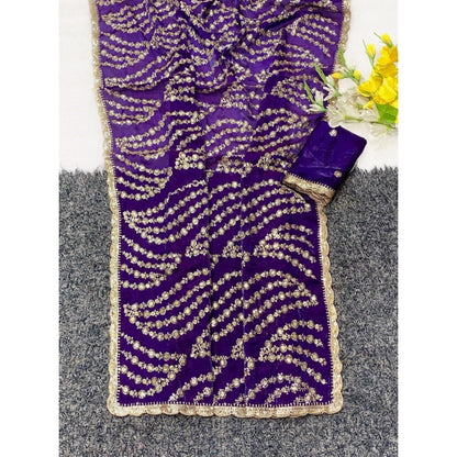 Generic Women's Satin Embellished Saree With Unstitched Blouse 5.5Mtr (Purple)