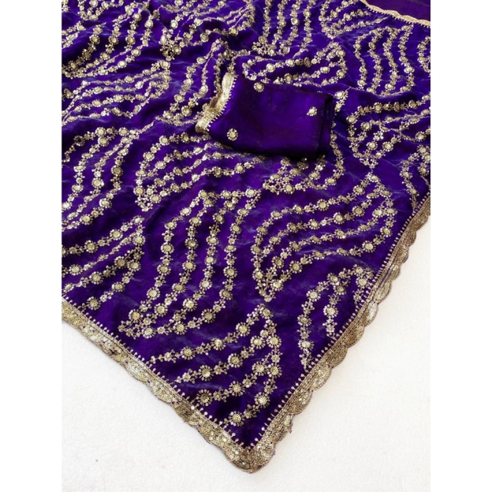 Generic Women's Satin Embellished Saree With Unstitched Blouse 5.5Mtr (Purple)