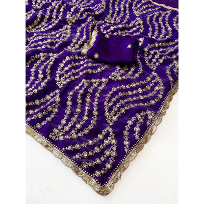 Generic Women's Satin Embellished Saree With Unstitched Blouse 5.5Mtr (Purple)