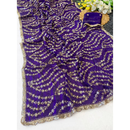 Generic Women's Satin Embellished Saree With Unstitched Blouse 5.5Mtr (Purple)